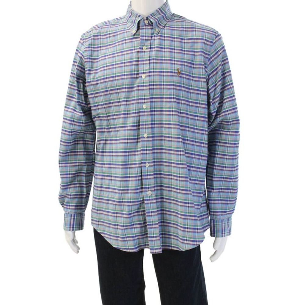 Ralph Lauren Blue Label Mens Button-Down Plaid Blue Cotton Shirt Size L